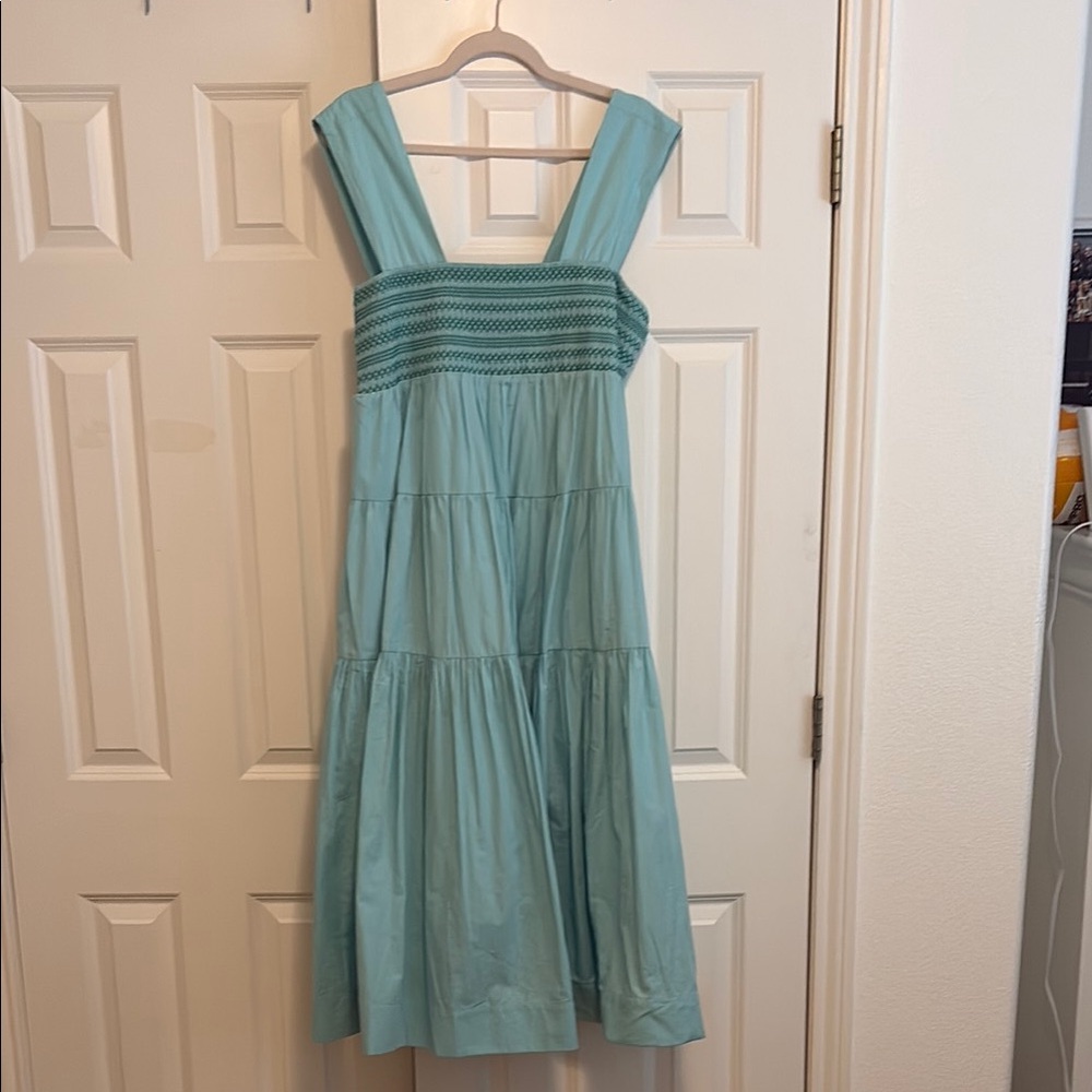 Anthropologie Helena Dress, Green and Blue Pleated Tiered Square Neck Maxi